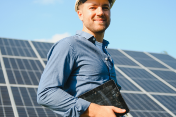 Techniker lächelt und kontrolliert Solar-Module